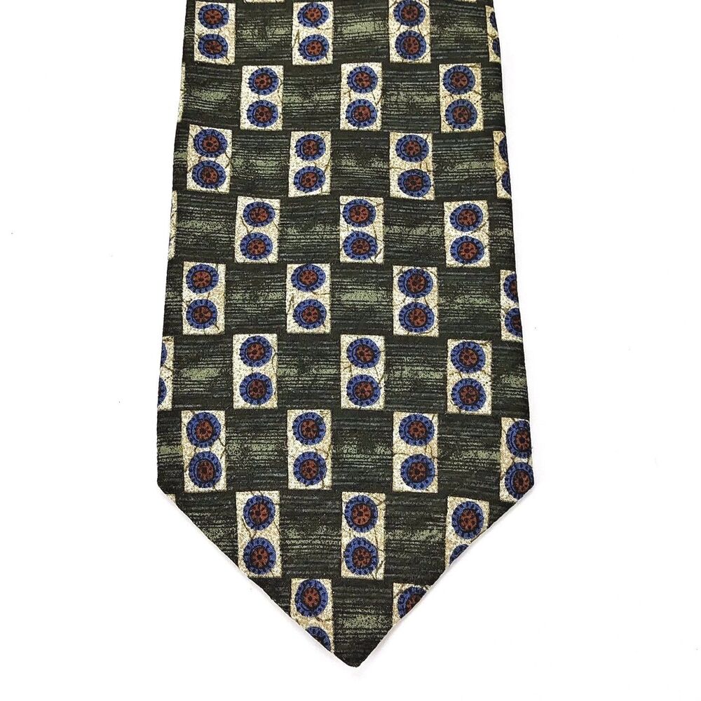 Kenneth Cole New York Tie Green Blue Geometric 100% Silk Dress Elegant Tie
